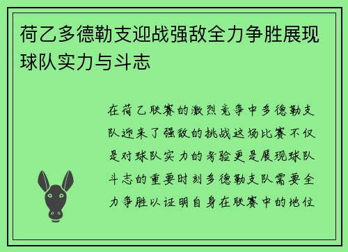 荷乙多德勒支迎战强敌全力争胜展现球队实力与斗志